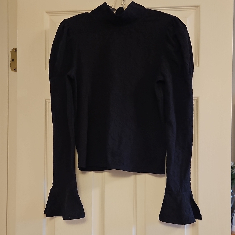 Anthropologie Navy Mock Neck Long-Sleeve Top with Flared Cuffs